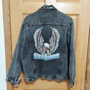 Vintage 80s USA Harley Davidson Eagle Black Denim Biker Jacket Mens Medium